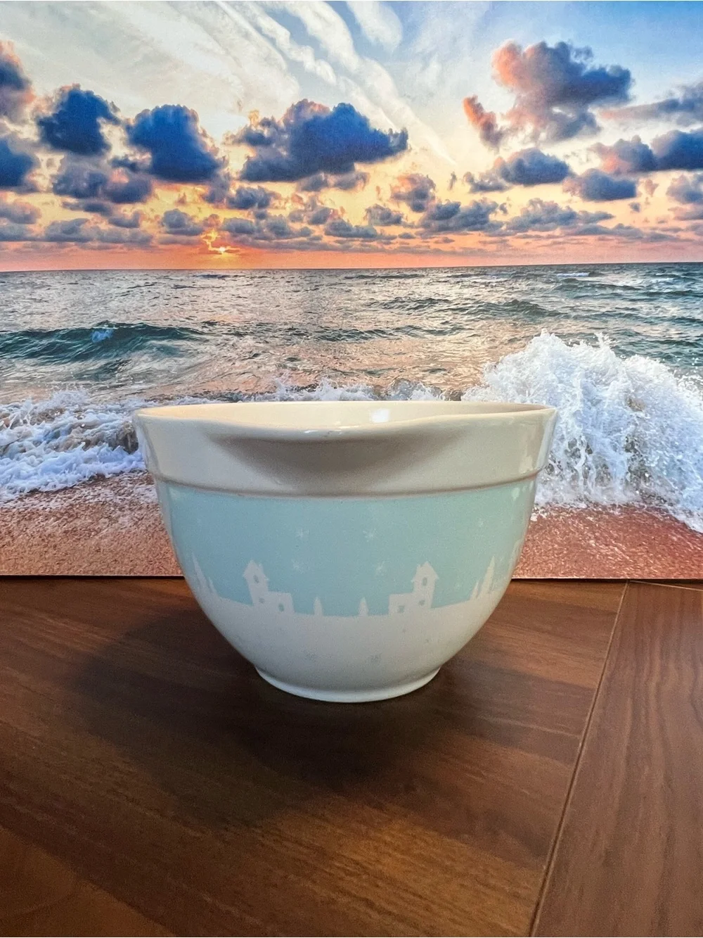 Ceramic Holiday Mixing Bowl with Red Truck Design - Light Blue & White